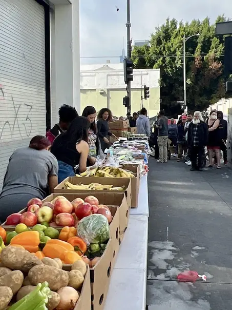 Aerial view of a Soul Saving Productions community outreach event in Los Angeles